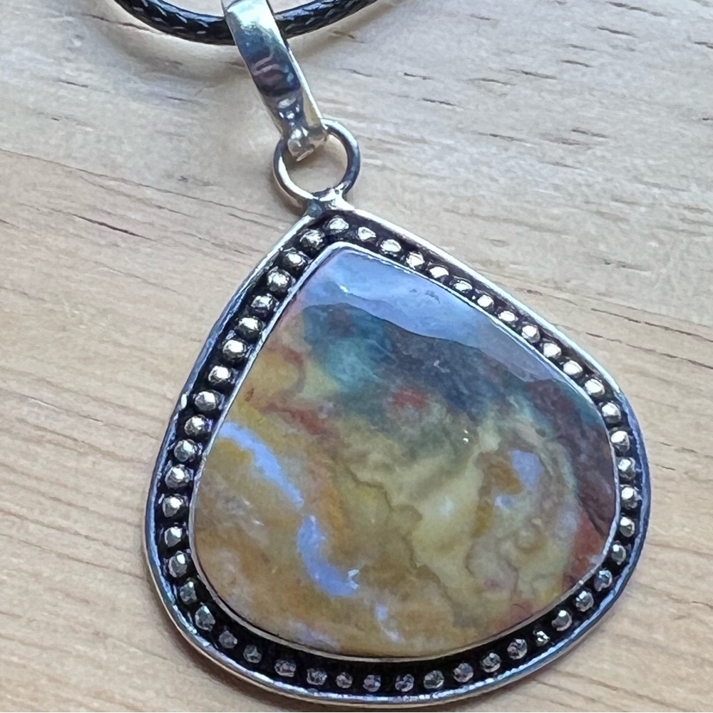 New Bloodstone Crystal Silver Overlay Pendant Necklace with Black Cord